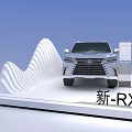 Sleek White Display Stand Showcasing Lexus New RX Car With LEXUS Logo On Blue Background