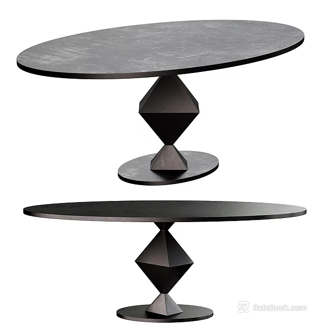 Modern Black Round Dining Table With Geometric Diamond Shaped Base Structure Design 3d model