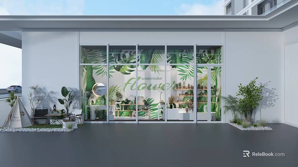 Modern Flower Shop Exterior With Glass Windows Leaf Patterns And Green Plants Decorations 3d model 