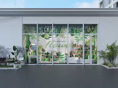 Modern Flower Shop Exterior With Glass Windows Leaf Patterns And Green Plants Decorations 3d model