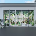 Modern Flower Shop Exterior With Glass Windows Leaf Patterns And Green Plants Decorations