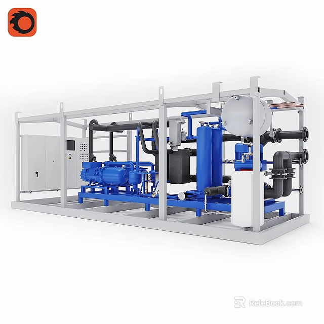 Home Cooling Appliance With Blue White Components Compressor Pipes Control Cabinet Frame Structure 3d model 