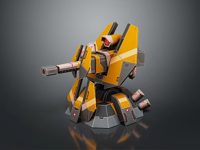 Futuristic Yellow Mech Robot Model With Cannon And Red Details On Gray Base 3d model