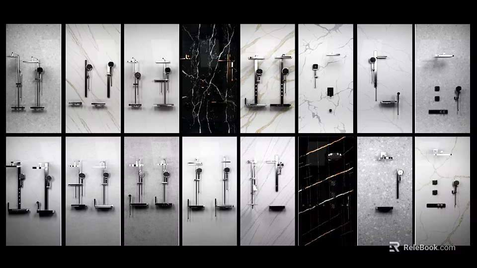 Modern Shower Heads With Various Designs On Black And White Marble Bathroom Walls 3d model 