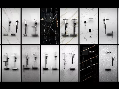 Modern Shower Heads With Various Designs On Black And White Marble Bathroom Walls 3d model