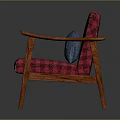 Red And Black Plaid Single Seater Sofa With Wooden Armrests Legs And Blue Cushion