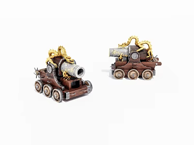 Brown Cannon Cart Weapon Model Featuring Golden Dragon Ornaments And Detailed Design 3d model