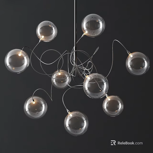 Modern Unique Shape Chandelier With Clear Glass Globe Lights And Curved Wire Frame 3d model 
