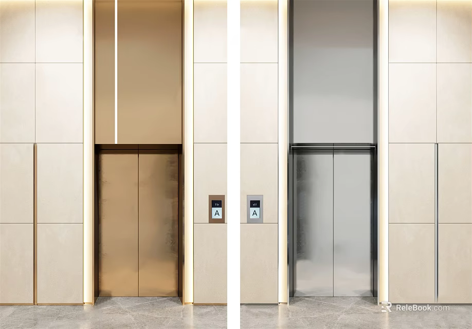 Modern Elevator with Gold and Silver Doors in Light Colored Wall Building Interior 3d model 