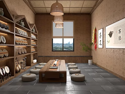 Traditional Tea House Interior With Wooden Table Round Cushions Tea Shelves Calligraphy And Scenic View 3d model