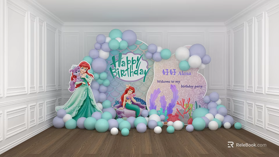 Mermaid Themed Birthday Party Photo Spot With Balloons Happy Birthday Sign And Coral Decorations 3d model 
