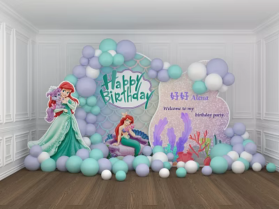 Mermaid Themed Birthday Party Photo Spot With Balloons Happy Birthday Sign And Coral Decorations 3d model