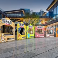 Colorful Fresh Market Stalls In Outdoor Setting With Modern Buildings And Trees