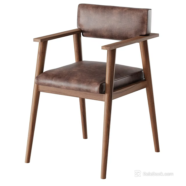 Modern Wooden Single Chair with Brown Leather Seat Backrest and Armrests 3d model 