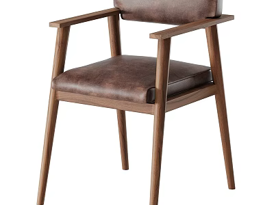 Modern Wooden Single Chair with Brown Leather Seat Backrest and Armrests 3d model