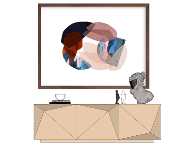 Framed Abstract Painting Above Geometric Cabinet With Coffee Cup Books Figurine And Stuffed Toy 3d model