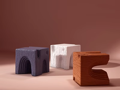 Modern Unique Design Stools in Purple White and Brown with Textured Surfaces 3d model