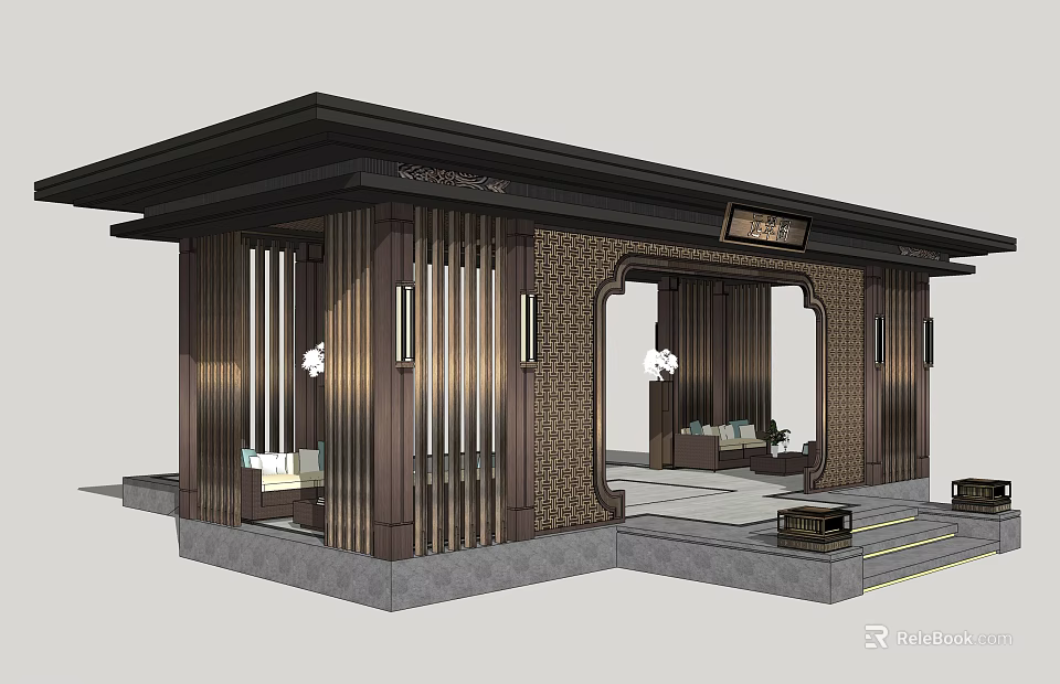Traditional Chinese Architectural Entrance With Wooden Grilles Tile Roof And Stone Steps 3d model 