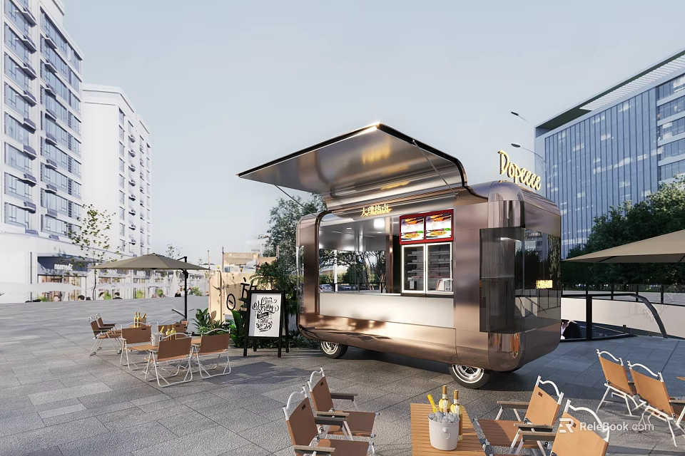 Stylish Food Truck Restaurant With Outdoor Tables And Modern Building Background 3d model 