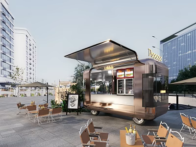 Stylish Food Truck Restaurant With Outdoor Tables And Modern Building Background 3d model