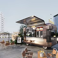 Stylish Food Truck Restaurant With Outdoor Tables And Modern Building Background