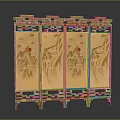 Chinese Four Panel Screen With Red Wooden Frame Carved Patterns Yellow Landscape Paintings Red Accents