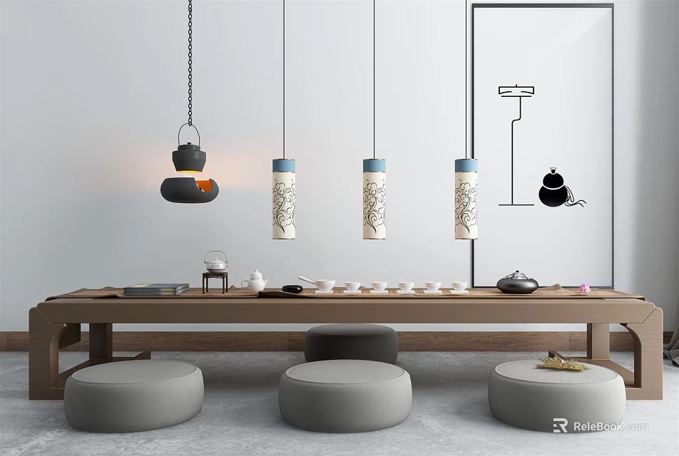 Traditional Tea Table With Stools And Hanging Pendant Lights For Relaxing Tea Time 3d model 