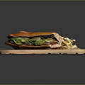 Fresh Baguette Sandwich With Lettuce And Tomato Served With Potato Chips On Wooden Cutting Board