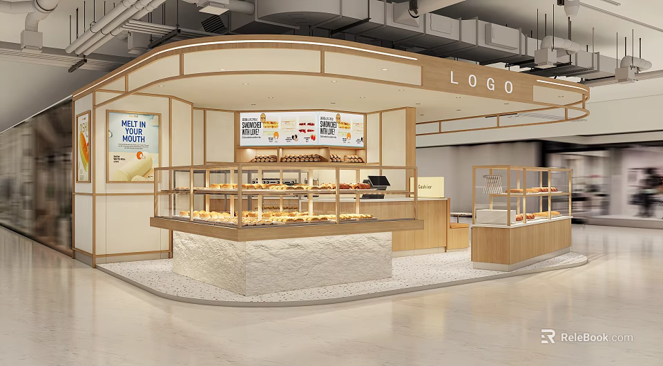 Warm Dessert Shop Interior With Wooden Display Cases Counter And Menu Boards 3d model 