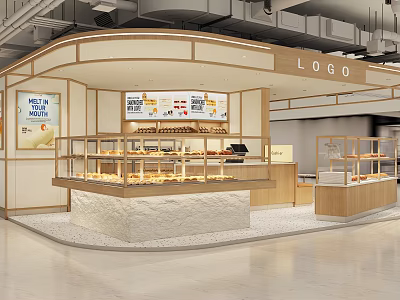 Warm Dessert Shop Interior With Wooden Display Cases Counter And Menu Boards 3d model