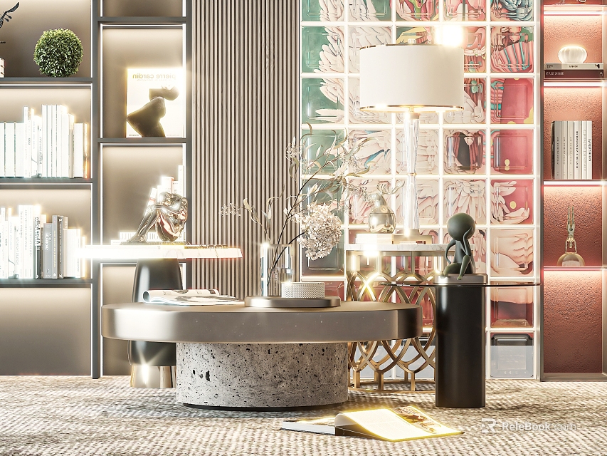 Modern Interior With Round Concrete Coffee Table Bookshelves Table Lamp And Decorative Rug 3d model 