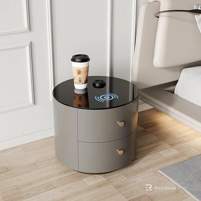 Modern Minimalist Round Bedside Table With Two Drawers Black Top And Wireless Charging 3d model 