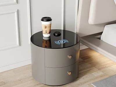 Modern Minimalist Round Bedside Table With Two Drawers Black Top And Wireless Charging 3d model