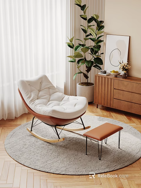 Cozy White Padded Wooden Rocking Chair With Footstool By Window On Grey Rug With Green Plant 3d model 