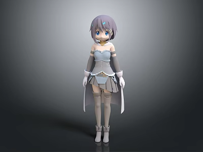 Anime 3D Female Character With Purple Hair Blue Eyes Gray White Outfit Long Socks Boots 3d model