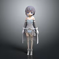 Anime 3D Female Character With Purple Hair Blue Eyes Gray White Outfit Long Socks Boots