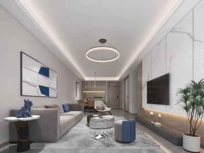 Modern Elegant Living And Dining Room Interior With Marble TV Wall And Comfortable Sofa Set 3d model