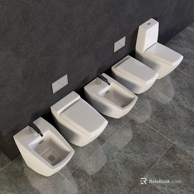 Four White Wall Mounted Toilets In Modern Bathroom With Dark Wall And Gray Tiled Floor 3d model 