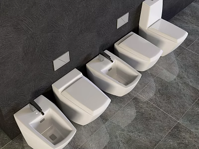 Four White Wall Mounted Toilets In Modern Bathroom With Dark Wall And Gray Tiled Floor 3d model