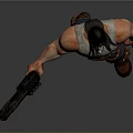 Long Black Haired Muscular Character Holding Large Gun In White Tank Top And Ripped Jeans