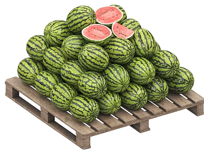 Fresh Watermelons Stacked With Whole And Sliced On Wooden Pallet 3d model