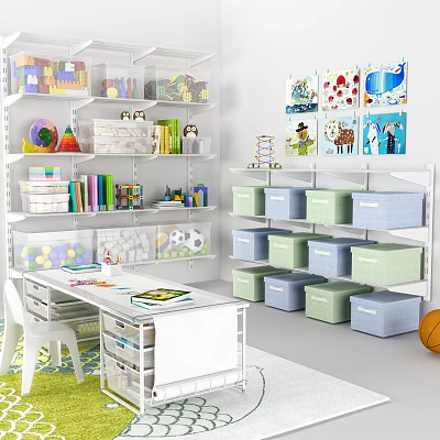 Organized Kids Desk with Shelves Books Storage Boxes Wall Art and Toys 3d model