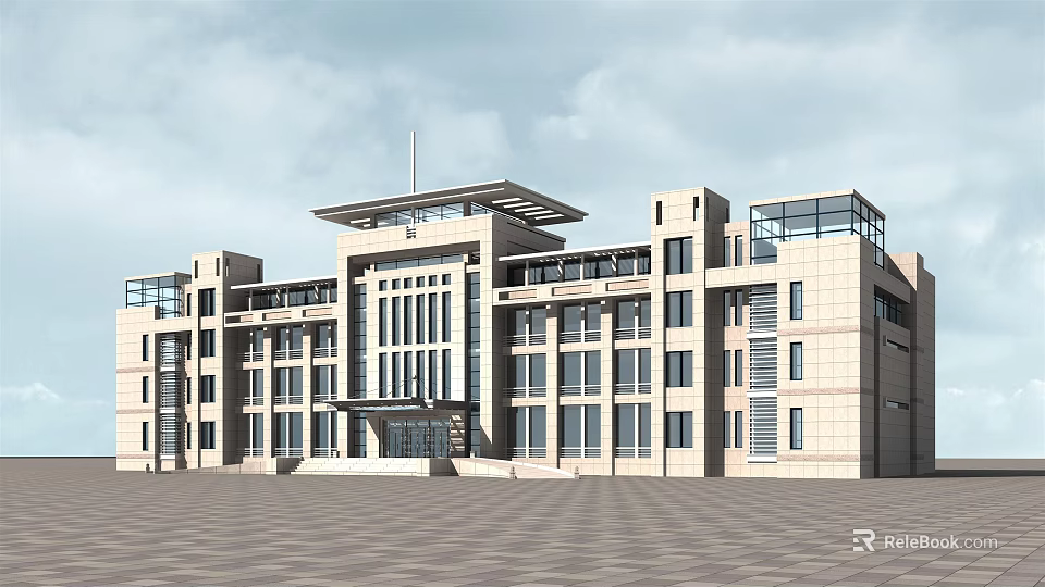 Modern Office Building Exterior With Large Glass Windows Spacious Square and Light Facade 3d model