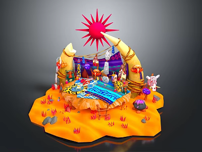 Vibrant Cartoon Scene With Red Sun Tent Characters Animals And Colorful Decorations 3d model