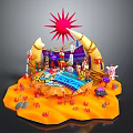 Vibrant Cartoon Scene With Red Sun Tent Characters Animals And Colorful Decorations