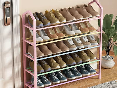 Pink Shoe Rack with Multiple Tiers Organizing Various Shoes in Entryway Home Storage 3d model