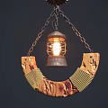 Vintage Industrial Chandelier Featuring Wooden Beam And Metal Cage Shades With Multiple Lit Bulbs