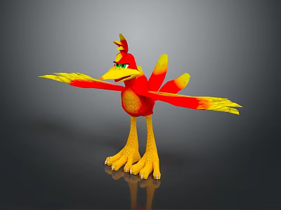 Cartoon Bird Character With Red and Yellow Feathers Spread Wings Green Eyes and Yellow Legs 3d model
