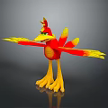 Cartoon Bird Character With Red and Yellow Feathers Spread Wings Green Eyes and Yellow Legs