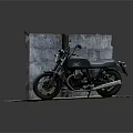 Black Classic Motorcycle Parked On Slate Platform Against Gray Stone Wall 3d model